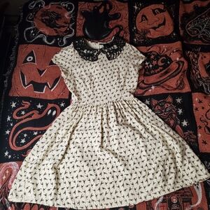 Hot Topic Cream Mini Dress with Black Lace Collar and Print
